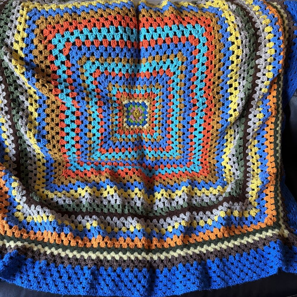 Crochet Granny Square Afghan 2 Pounds 13 Ounces Multicolor Yarn 54 Inch Blanket